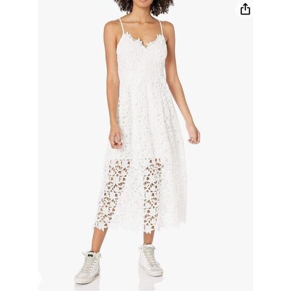 ASTR the Label White Lace A-Line Midi Dress Crochet Overlay Floral Sleeveless L - Picture 1 of 14